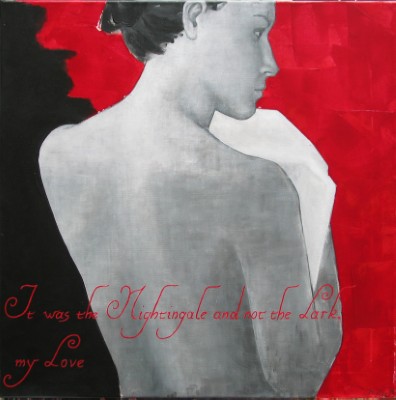 Acrylbild einer weiblichen Figur vor roten und schwarzen Strukturen, inspiriert durch Shakespeares Romeo und Julia